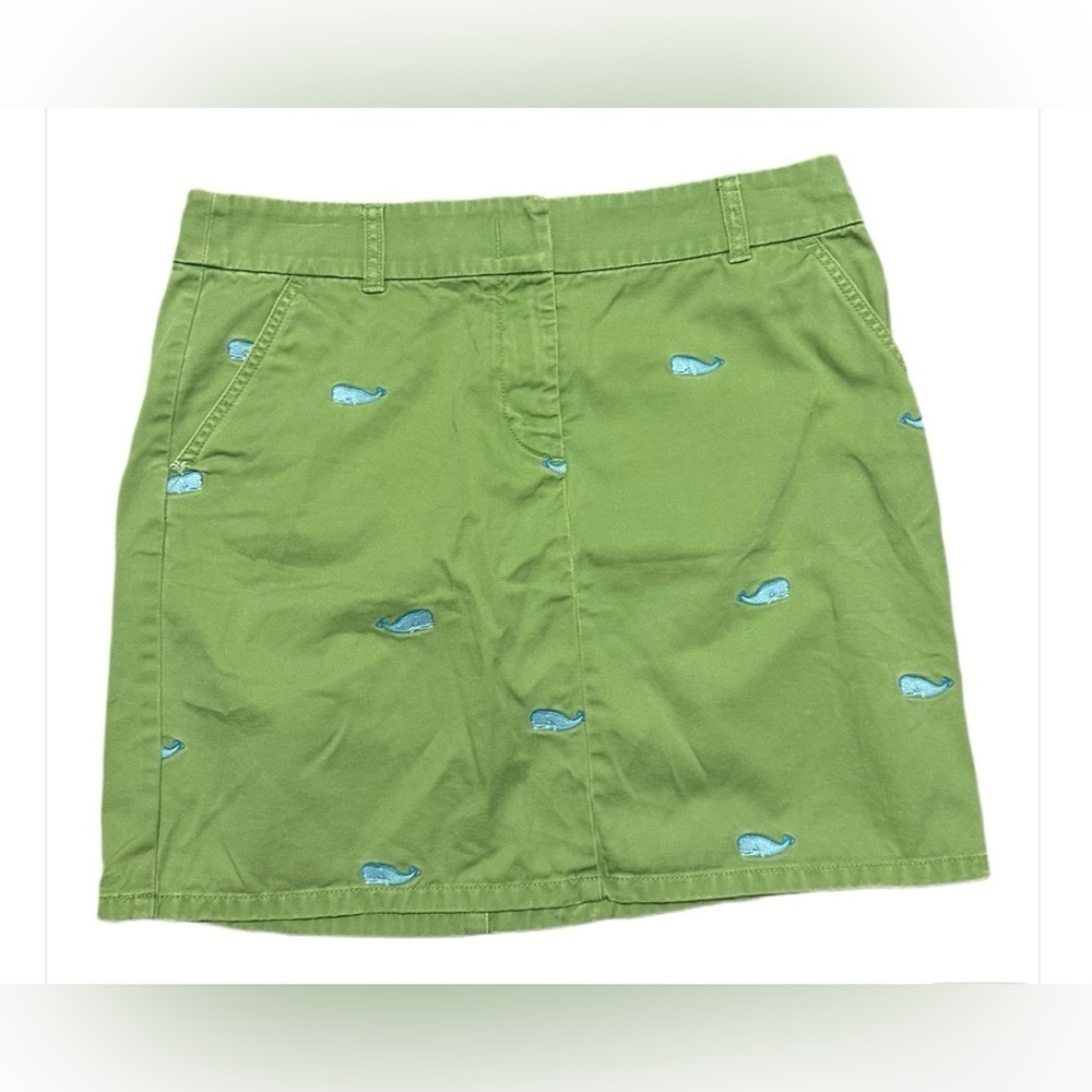 J. Crew 2000’s Mini Skirt Green With Blue Whale Embroidery Back Pockets Size 6
